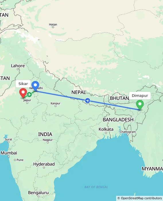 Route map showing distance and travel time from Dimapur, India to Sikar, India