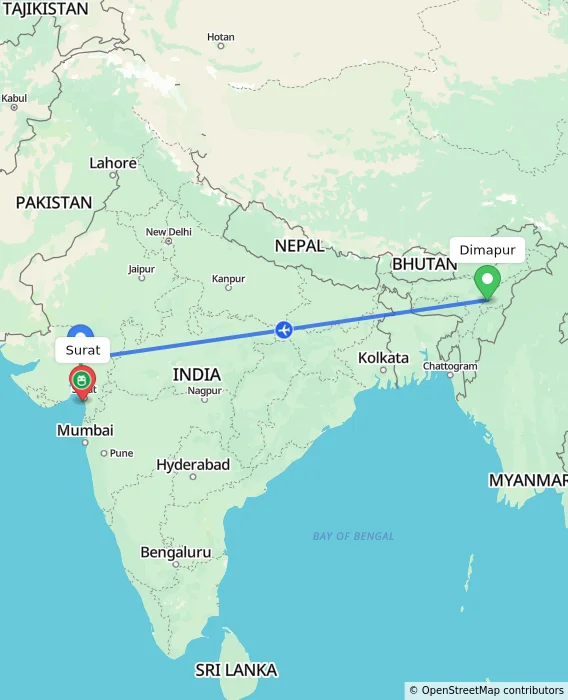 Route map showing distance and travel time from Dimapur, India to Surat, India