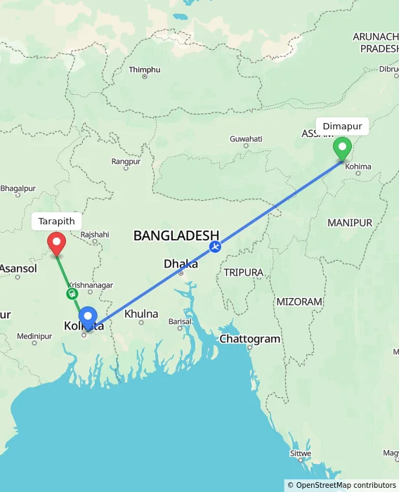 Route map showing distance and travel time from Dimapur, India to Tarapith, India