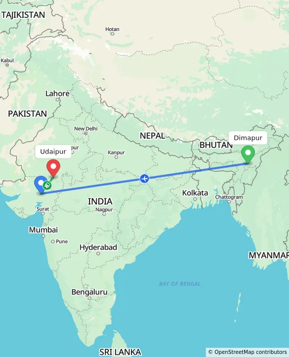 Route map showing distance and travel time from Dimapur, India to Udaipur, India