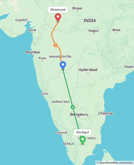 Route map showing distance and travel time from Dindigul, India to Dhamnod, India