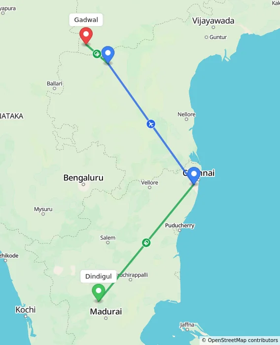 Route map showing distance and travel time from Dindigul, India to Gadwal, India