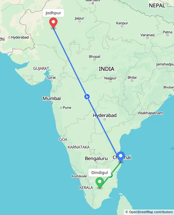 Route map showing distance and travel time from Dindigul, India to Jodhpur, India