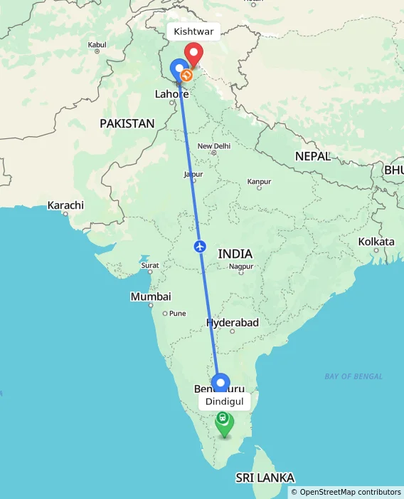 Route map showing distance and travel time from Dindigul, India to Kishtwar, India