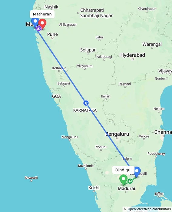 Route map showing distance and travel time from Dindigul, India to Matheran, India