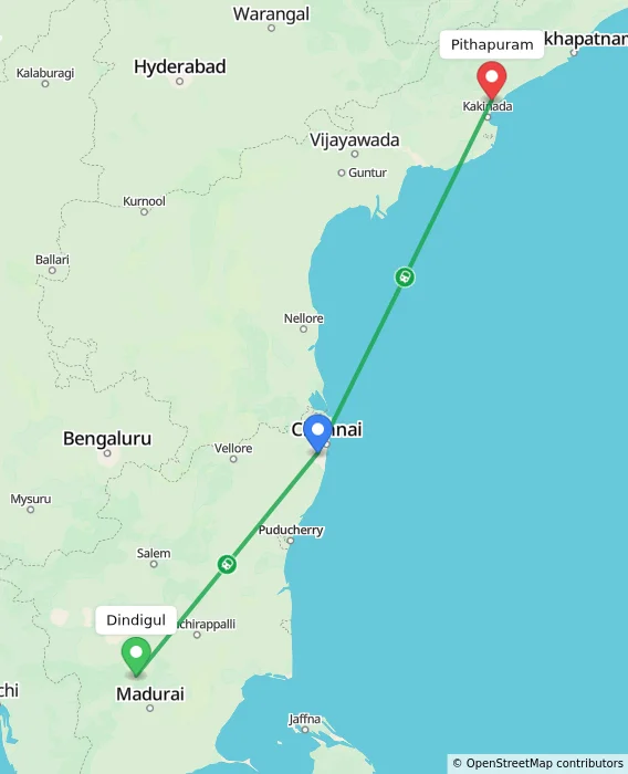 Route map showing distance and travel time from Dindigul, India to Pithapuram, India