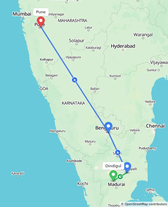 Route map showing distance and travel time from Dindigul, India to Pune, India