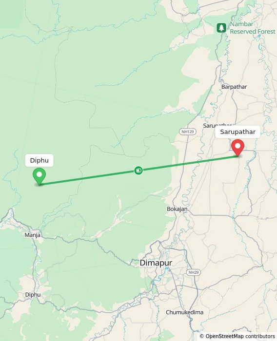 Route map showing distance and travel time from Diphu, India to Sarupathar, India