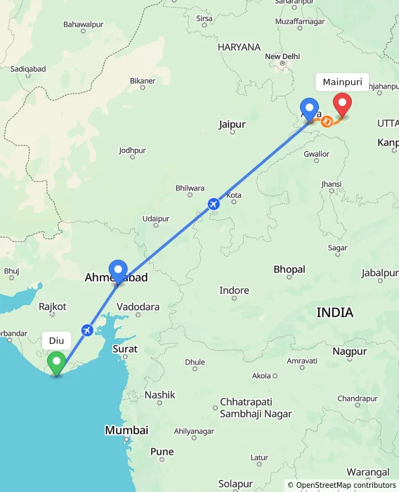 Route map showing distance and travel time from Diu, India to Mainpuri, India