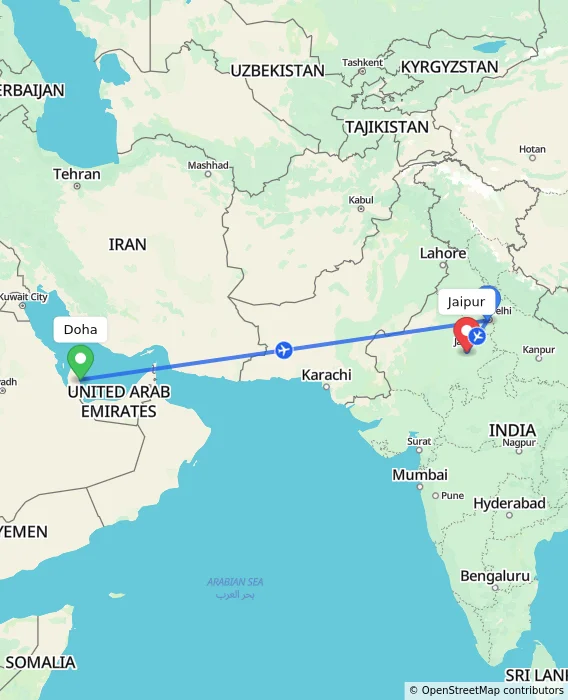 Route map showing distance and travel time from Doha, Qatar to Jaipur, India