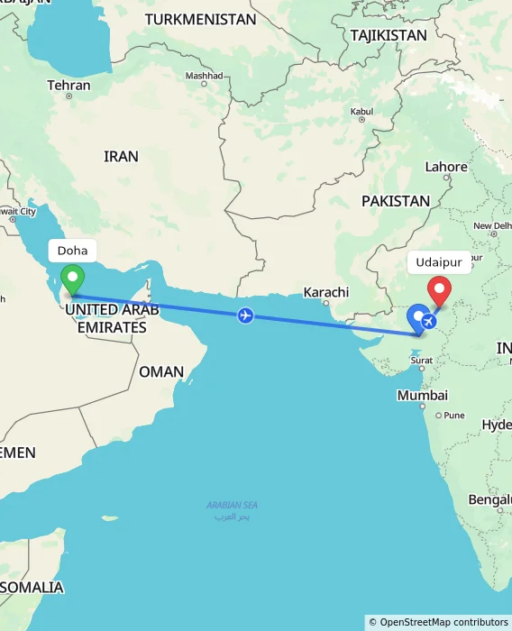 Route map showing distance and travel time from Doha, Qatar to Udaipur, India