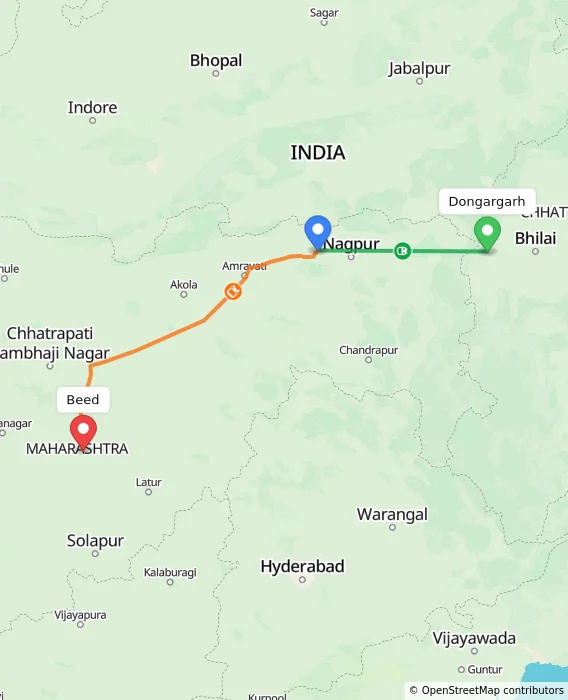 Route map showing distance and travel time from Dongargarh, India to Beed, India