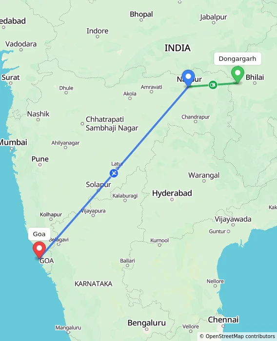 Route map showing distance and travel time from Dongargarh, India to Goa, India