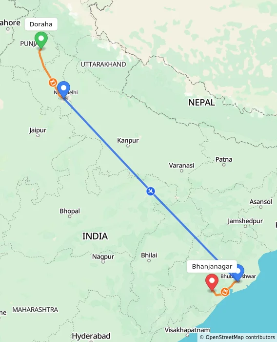 Route map showing distance and travel time from Doraha, India to Bhanjanagar, India
