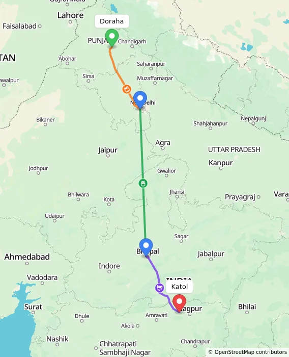 Route map showing distance and travel time from Doraha, India to Katol, India