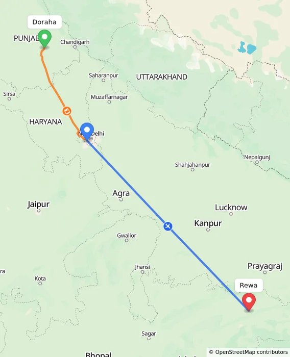 Route map showing distance and travel time from Doraha, India to Rewa, India