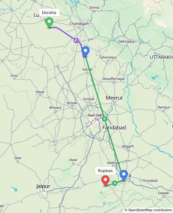 Route map showing distance and travel time from Doraha, India to Rupbas, India