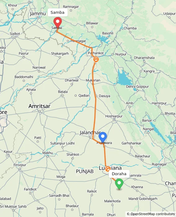 Route map showing distance and travel time from Doraha, India to Samba, India