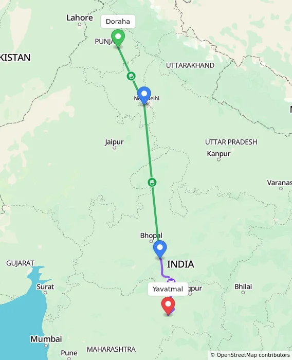 Route map showing distance and travel time from Doraha, India to Yavatmal, India