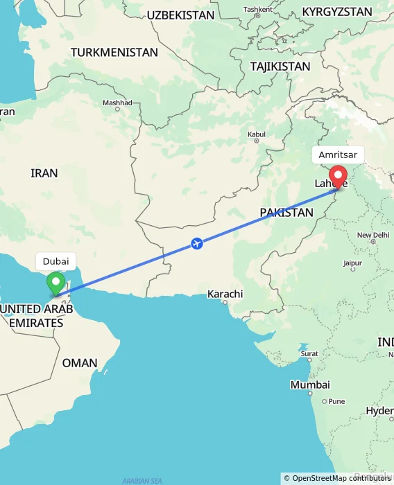 Route map showing distance and travel time from Dubai, United Arab Emirates to Amritsar, India