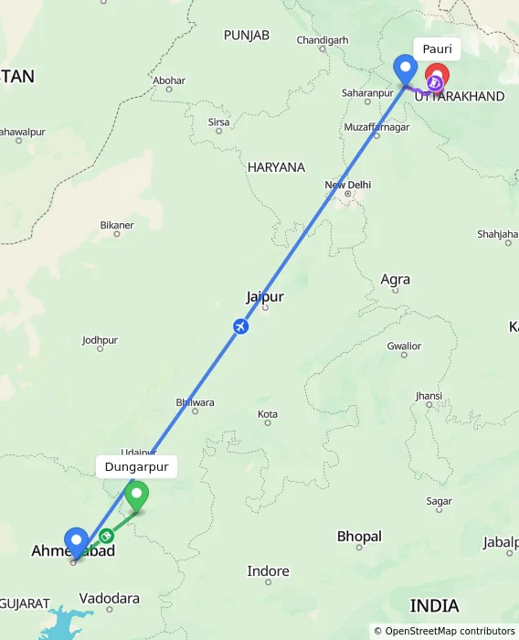 Route map showing distance and travel time from Dungarpur, India to Pauri, India