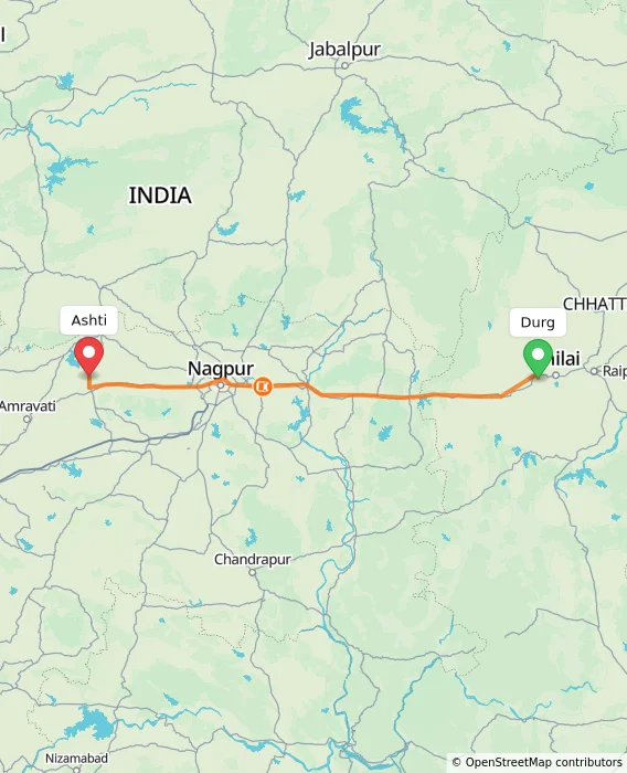 Route map showing distance and travel time from Durg, India to Ashti, India