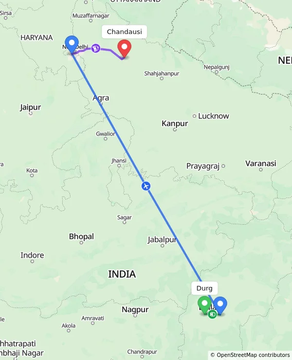 Route map showing distance and travel time from Durg, India to Chandausi, India