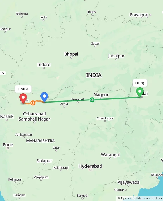 Route map showing distance and travel time from Durg, India to Dhule, India