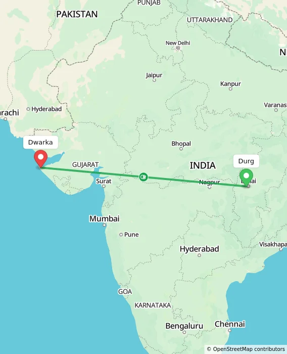 Route map showing distance and travel time from Durg, India to Dwarka, India