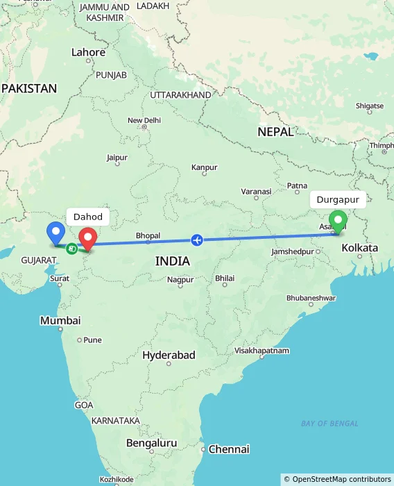 Route map showing distance and travel time from Durgapur, India to Dahod, India