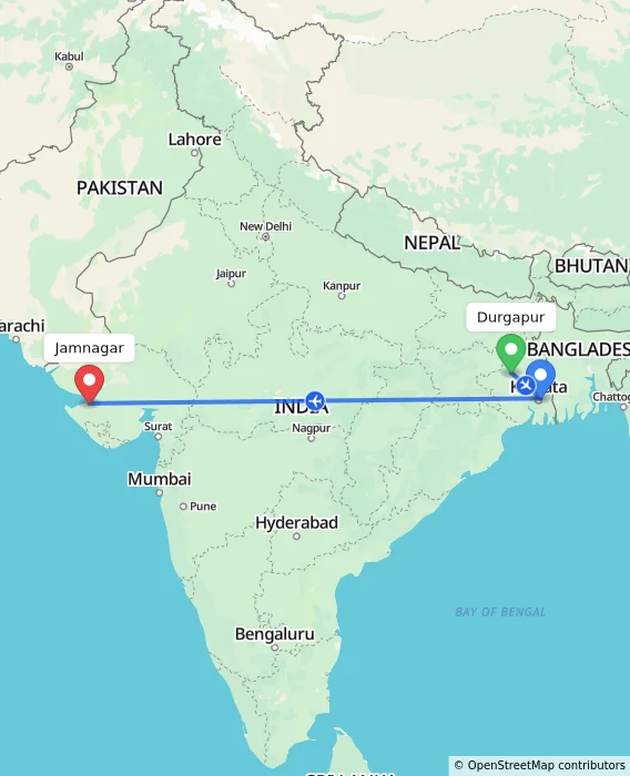 Route map showing distance and travel time from Durgapur, India to Jamnagar, India