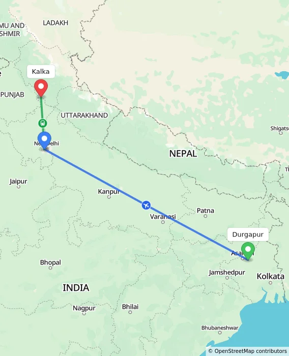 Route map showing distance and travel time from Durgapur, India to Kalka, India