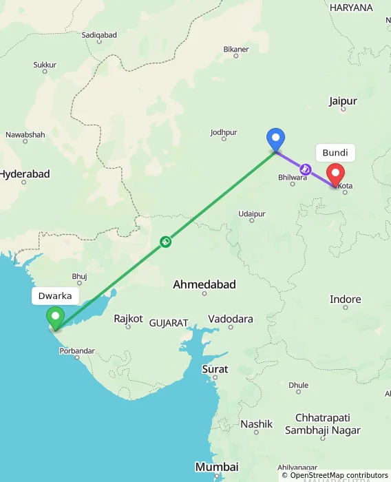 Route map showing distance and travel time from Dwarka, India to Bundi, India