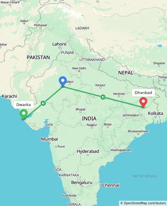 Route map showing distance and travel time from Dwarka, India to Dhanbad, India
