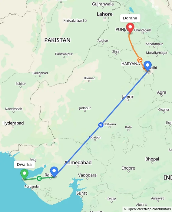 Route map showing distance and travel time from Dwarka, India to Doraha, India