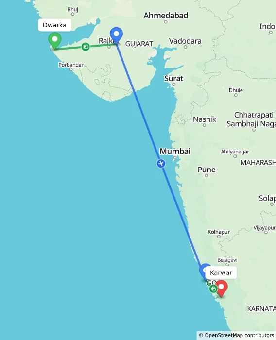 Route map showing distance and travel time from Dwarka, India to Karwar, India