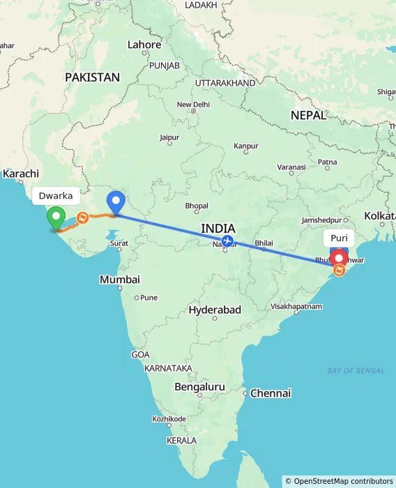 Route map showing distance and travel time from Dwarka, India to Puri, India