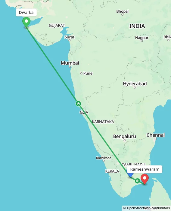 Route map showing distance and travel time from Dwarka, India to Rameshwaram, India