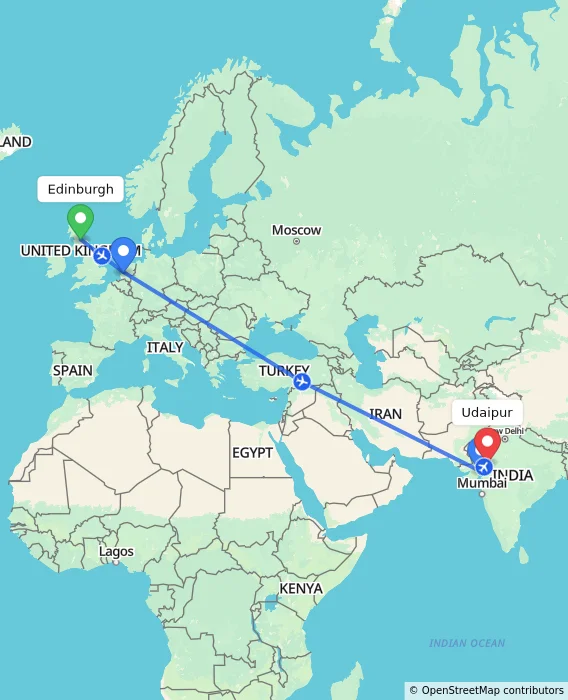 Route map showing distance and travel time from Edinburgh, United Kingdom to Udaipur, India
