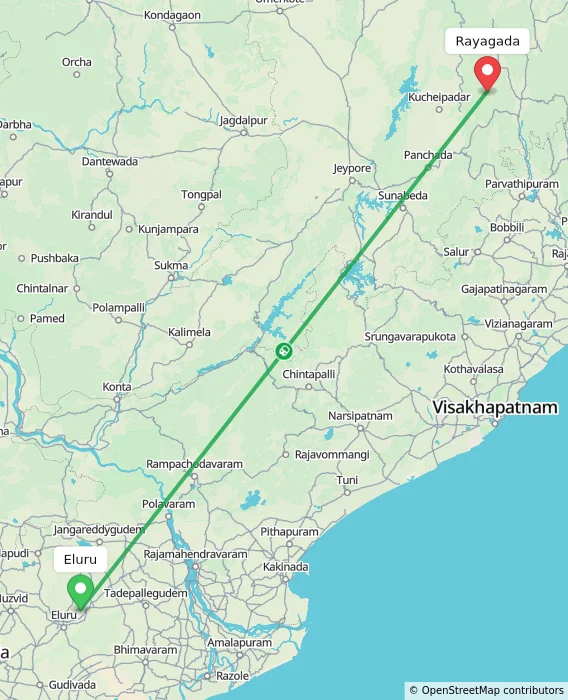 Route map showing distance and travel time from Eluru, India to Rayagada, India