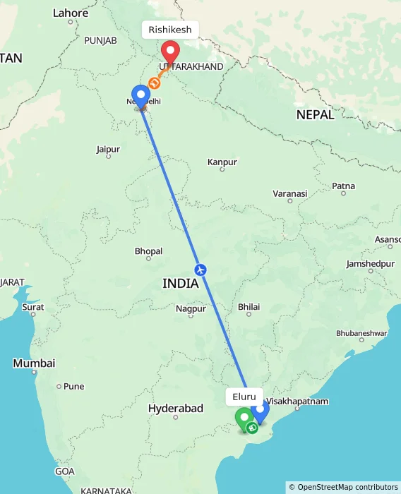 Route map showing distance and travel time from Eluru, India to Rishikesh, India