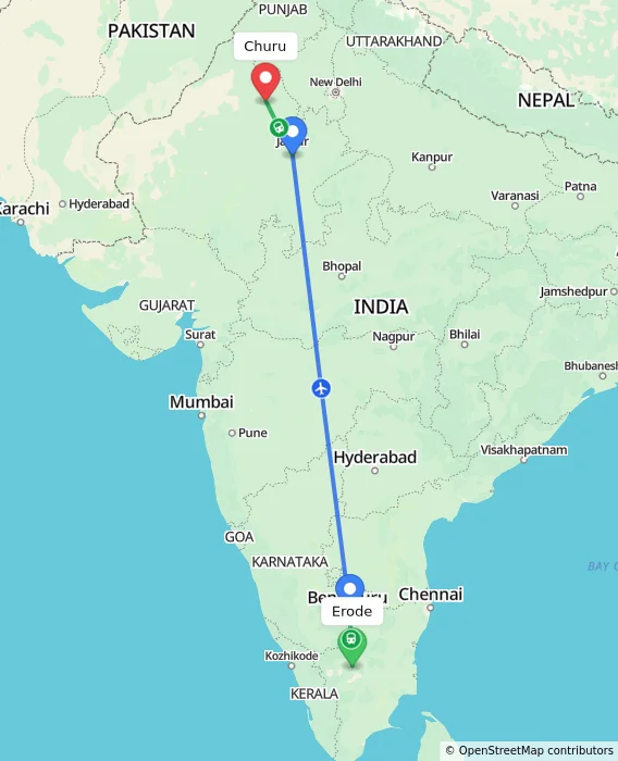 Route map showing distance and travel time from Erode, India to Churu, India