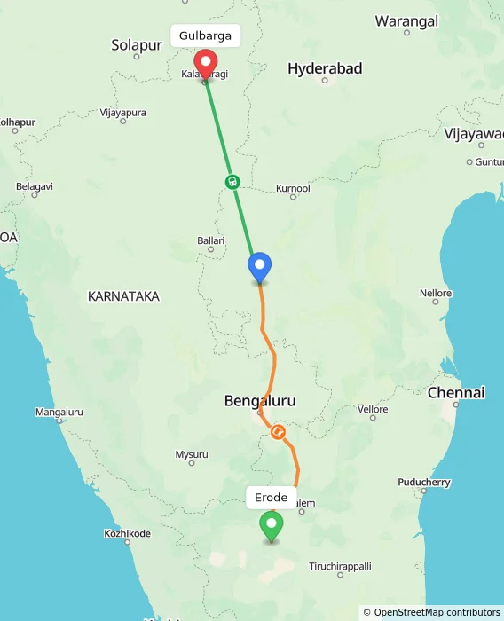 Route map showing distance and travel time from Erode, India to Gulbarga, India