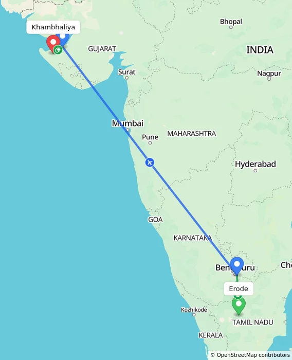 Route map showing distance and travel time from Erode, India to Khambhaliya, India
