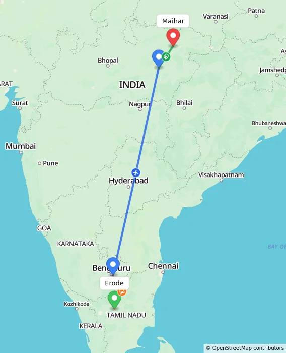 Route map showing distance and travel time from Erode, India to Maihar, India