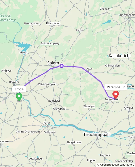 Route map showing distance and travel time from Erode, India to Perambalur, India