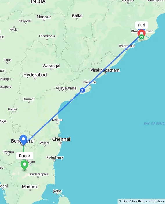 Route map showing distance and travel time from Erode, India to Puri, India