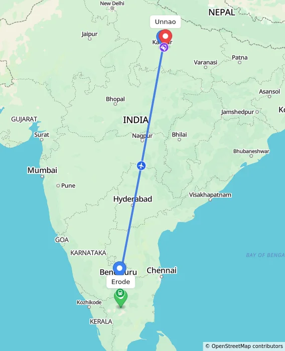 Route map showing distance and travel time from Erode, India to Unnao, India