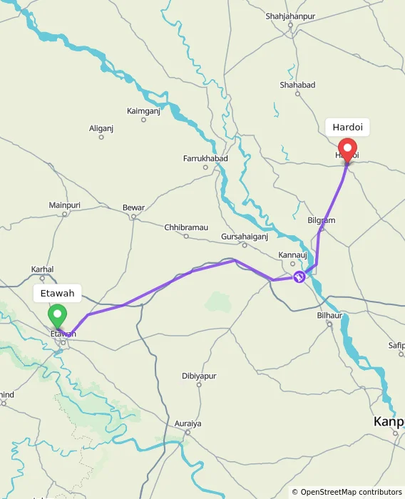 Route map showing distance and travel time from Etawah, India to Hardoi, India