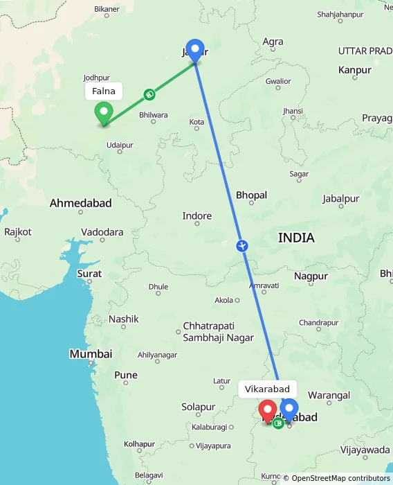 Route map showing distance and travel time from Falna, India to Vikarabad, India